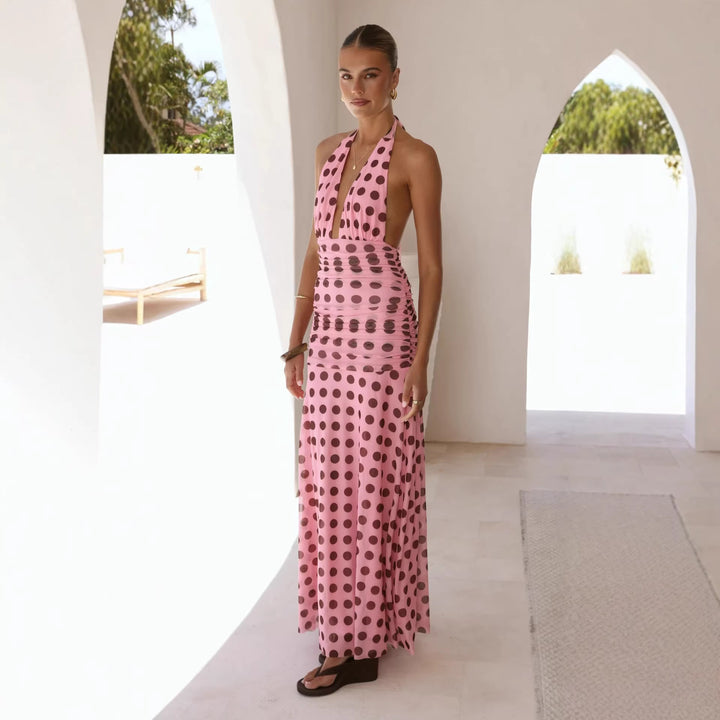 Damen Elegantes Maxikleid mit tiefem V-Ausschnitt und modischem Pünktchen-Design Drune
