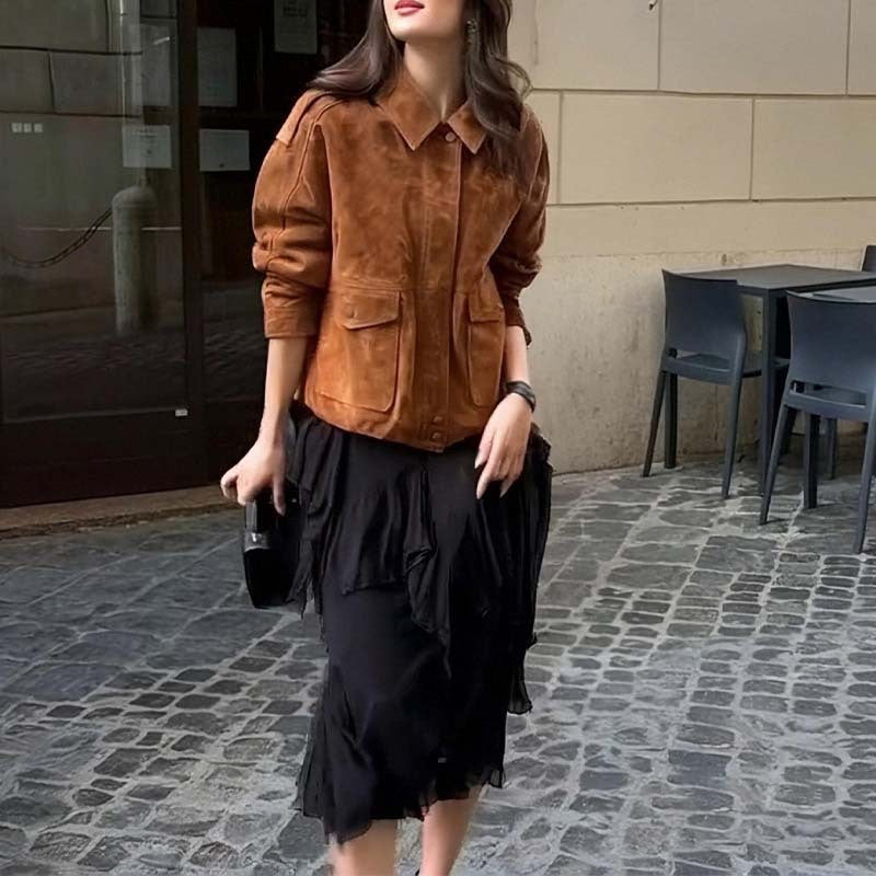 Damen elegante leichte Jacke mit oversized Schnitt und praktischen Taschen Drune