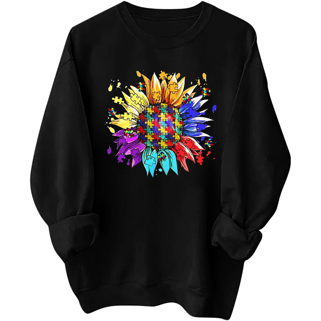 Damen Sweatshirt mit kreativem Puzzle-Blumenmotiv und bequemer Passform Drune