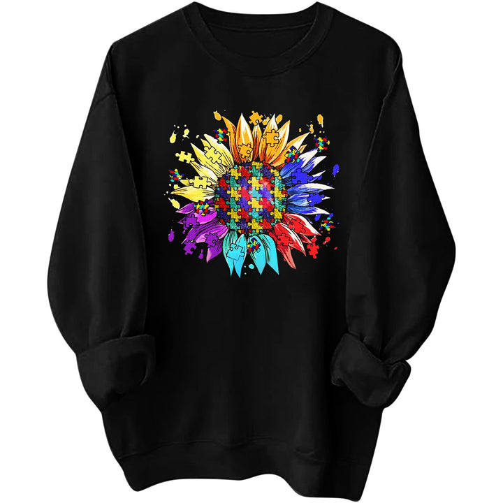 Damen Sweatshirt mit kreativem Puzzle-Blumenmotiv und bequemer Passform Drune