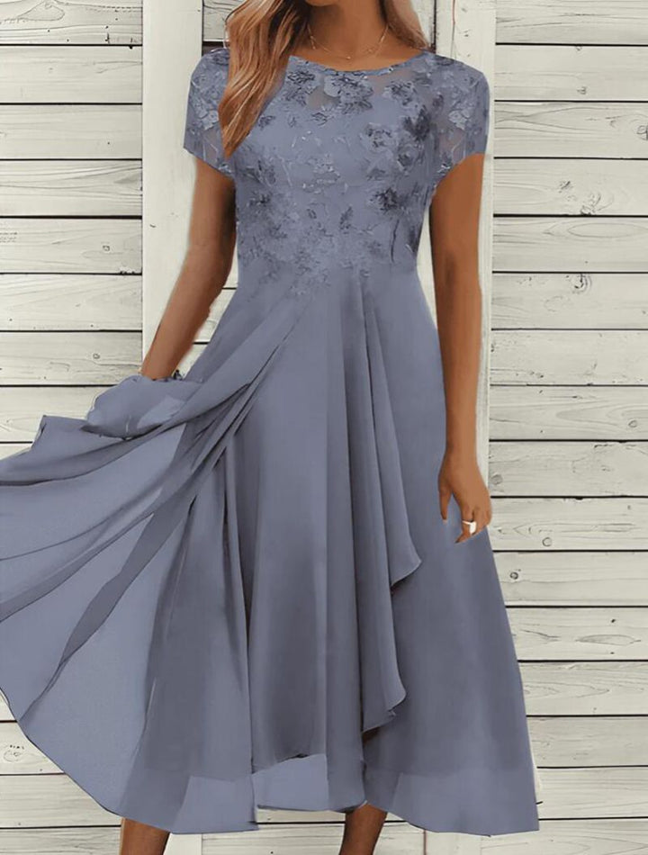 Damen nan fließendes Chiffon-Midikleid mit blumenbesticktem Oberteil und asymmetrischem Stufenrock Drune