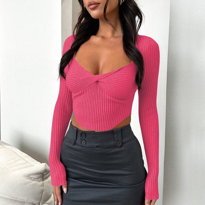 Damen Cropped Pullover mit schmalem Schnitt und Wickeldesign Drune