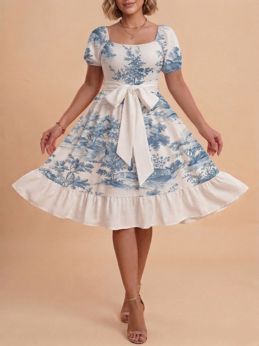 Damen Retro Maxikleid mit Puffärmeln und Taillengürtel Drune