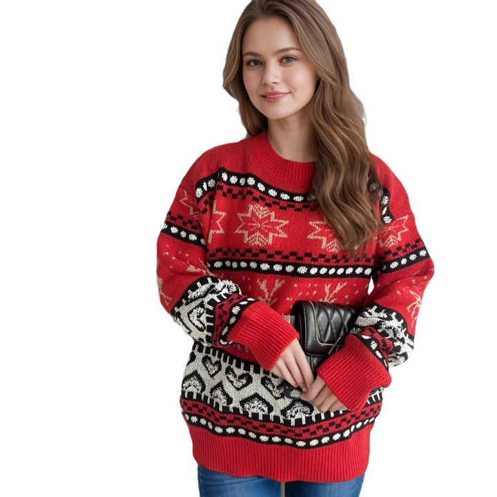Damen festlicher Strickpullover mit weihnachtlichem Rentier-Motiv und detailreicher Musterung Drune