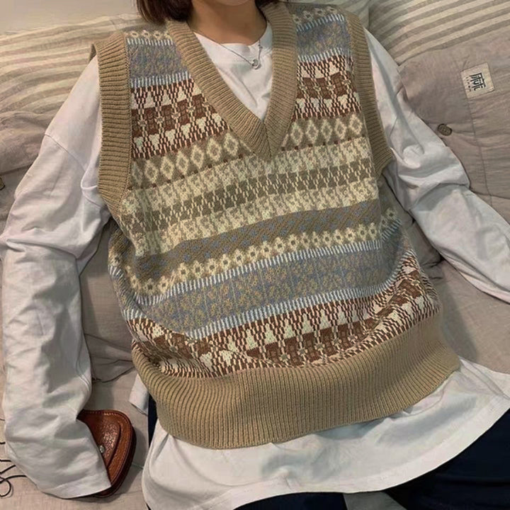 Damen Ärmellose Strickweste mit V-Ausschnitt und Muster Drune
