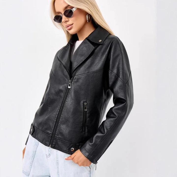 Damen hochwertige Kunstlederjacke im Biker-Stil mit asymmetrischem Reißverschluss Drune