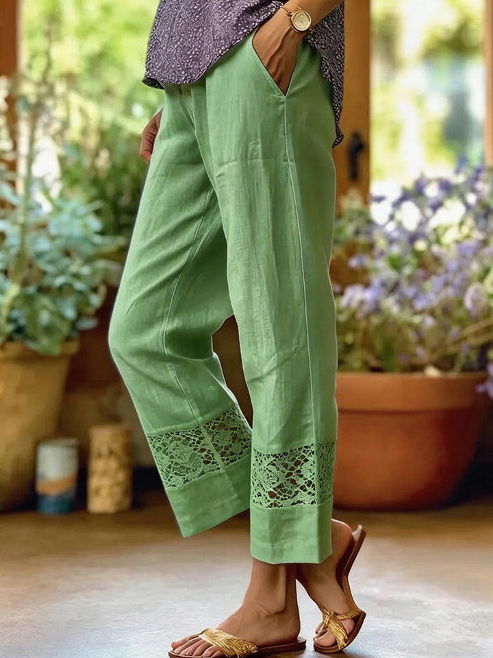Damen Elegante Leinenhose mit Spitzenakzenten Drune