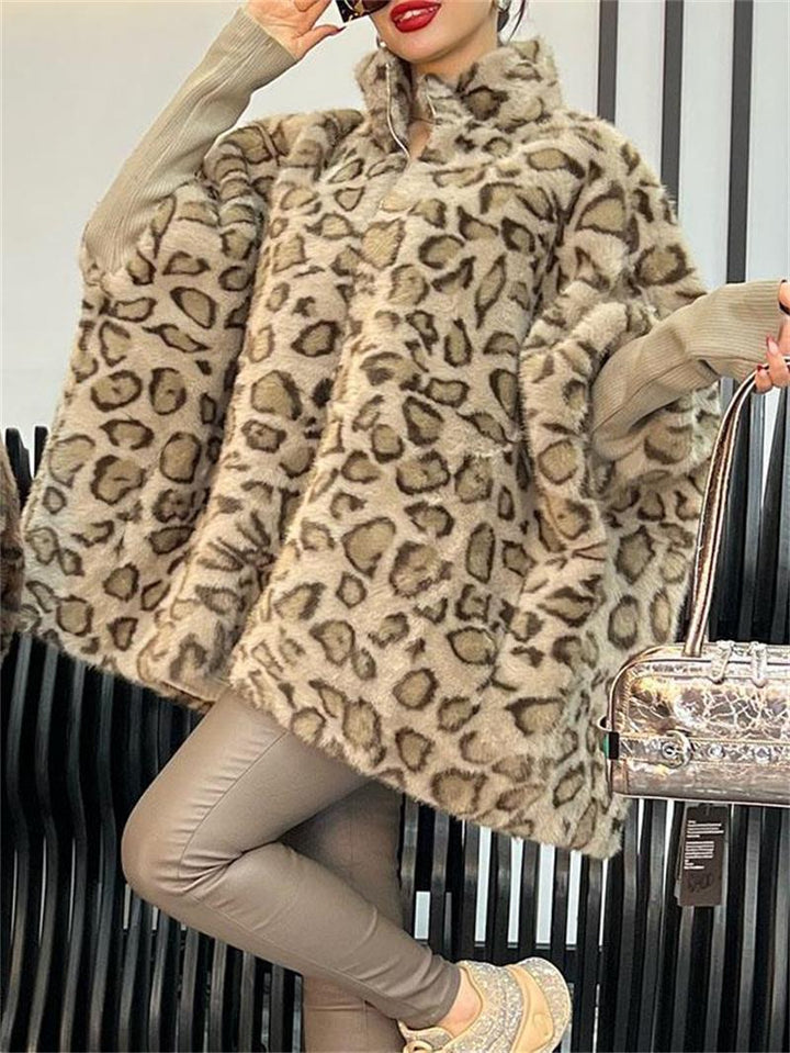 Damen Steppmantel mit Leopardenmuster und hohem Kragen Drune