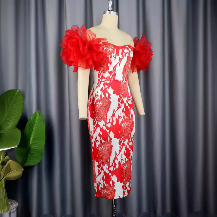 Damen Etuikleid mit romantischen Blumenmustern und voluminösen Puffärmeln Drune