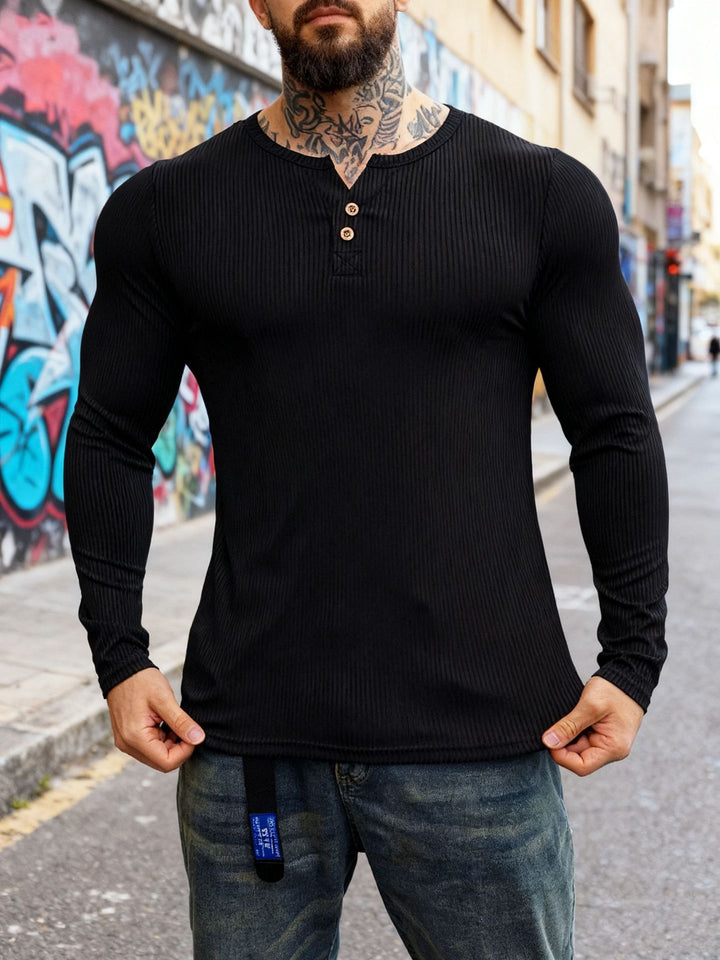 Herren nan geripptes Langarm-Henleyshirt mit flacher Knopfleiste und körperbetonter Stretch-Passform Drune