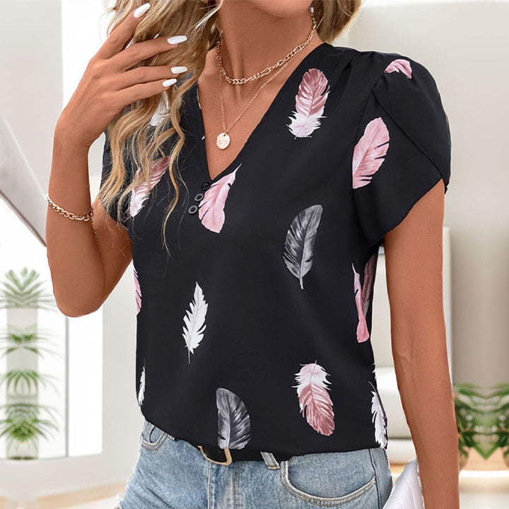 Damen Bluse mit romantischen Federmuster und Puffärmeln Drune