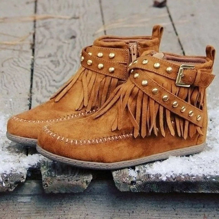 Damen nan fransige Mokassin-Ankleboots mit seitlichem Reißverschluss, dekorativer Schnalle und goldfarbenen Nieten Drune