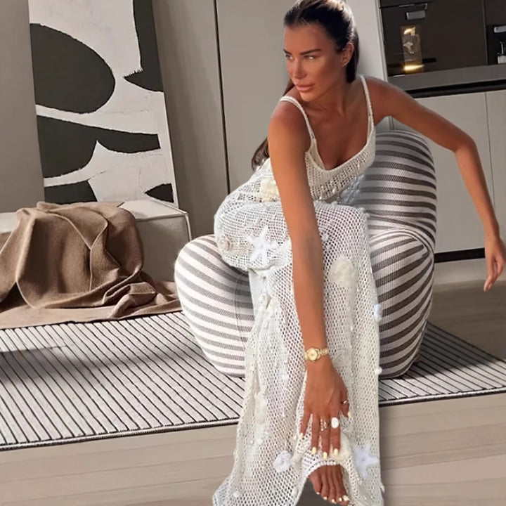 Damen Strickmaxikleid mit transparenten Details und floralem Design Drune