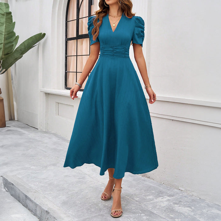 Damen Midi Kleid mit Puffärmeln und V-Ausschnitt Drune