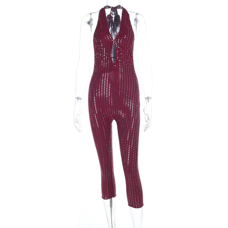 Damen modischer Netz-Jumpsuit mit tiefem Ausschnitt Drune