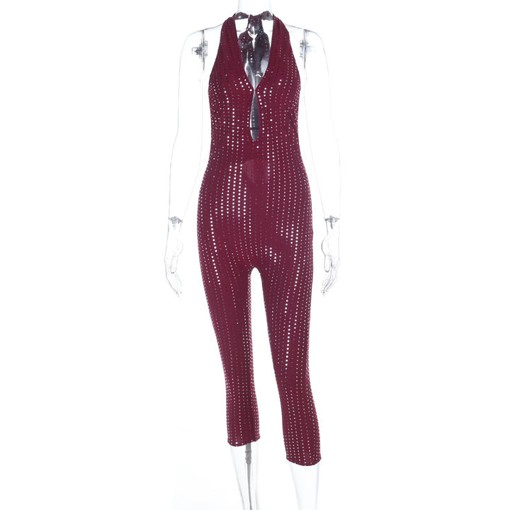 Damen modischer Netz-Jumpsuit mit tiefem Ausschnitt Drune