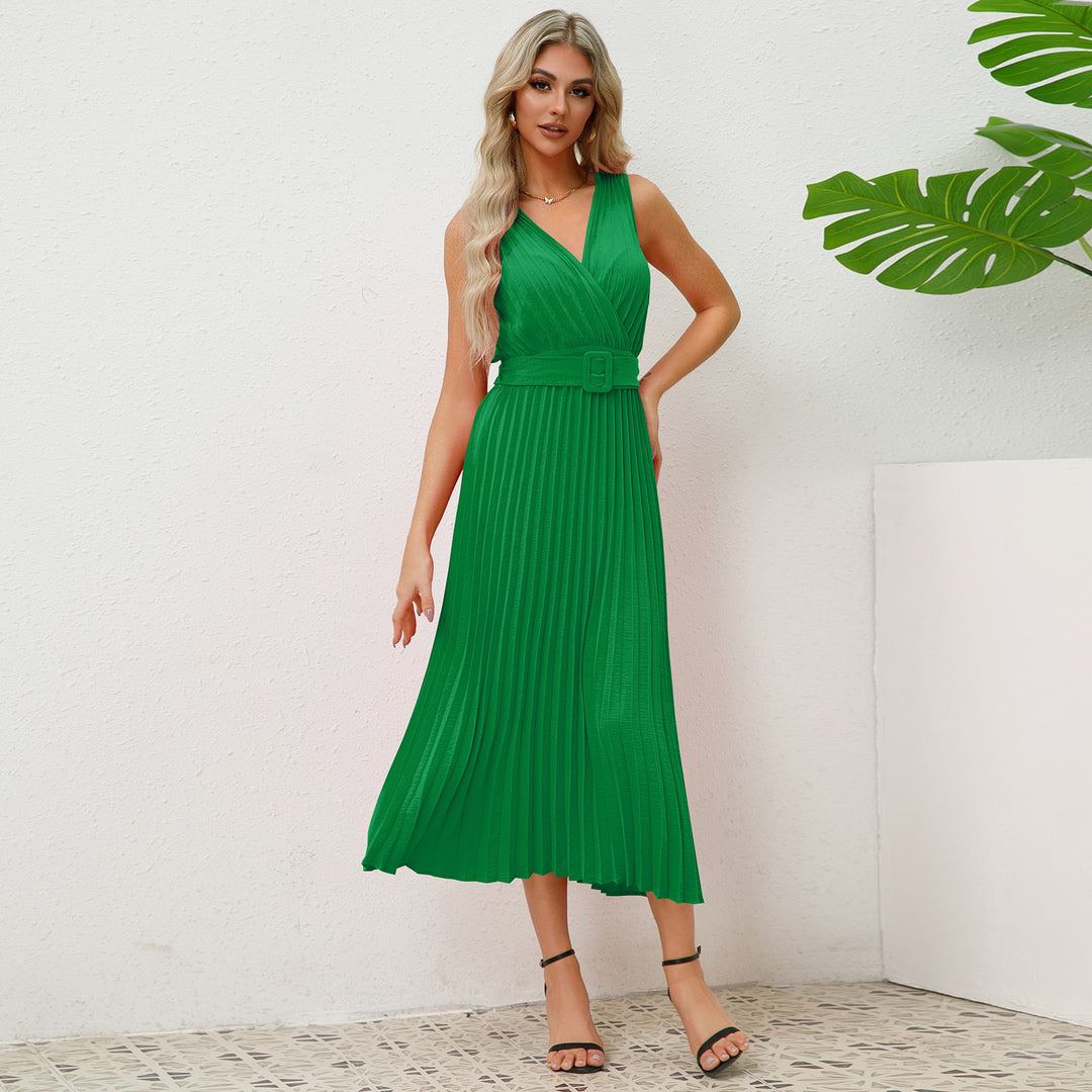 Damen Plissee Maxikleid mit taillierbarem Gürtel und elegantem V-Ausschnitt Drune