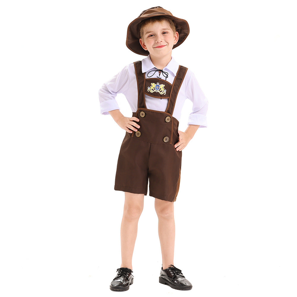 Herren nan traditionelles Kinderlederhosen-Set mit verstellbaren Hosenträgern und Trachtenhut Drune
