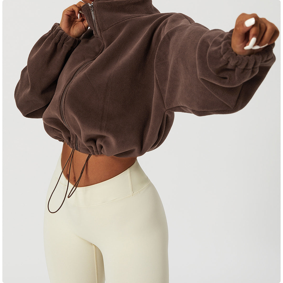 Damen kürzerer Fleece-Pullover mit hohem Kragen und Kordelzug Drune