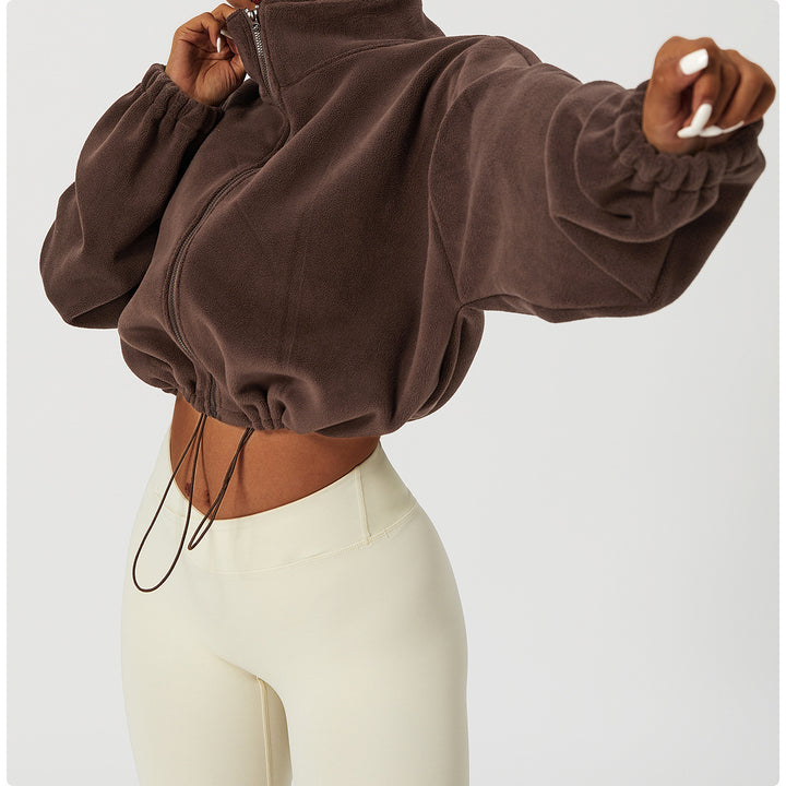 Damen kürzerer Fleece-Pullover mit hohem Kragen und Kordelzug Drune