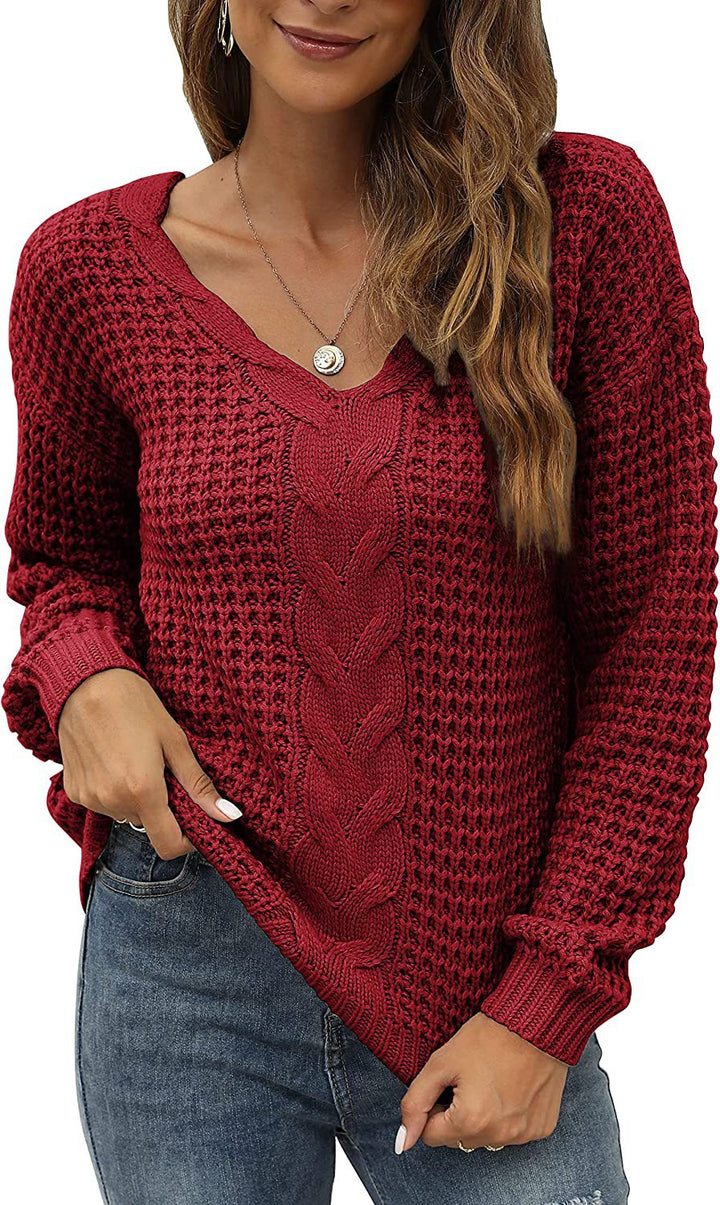 Damen lässiger Strickpullover mit tiefem V-Ausschnitt und detailliertem Zopfmuster Drune