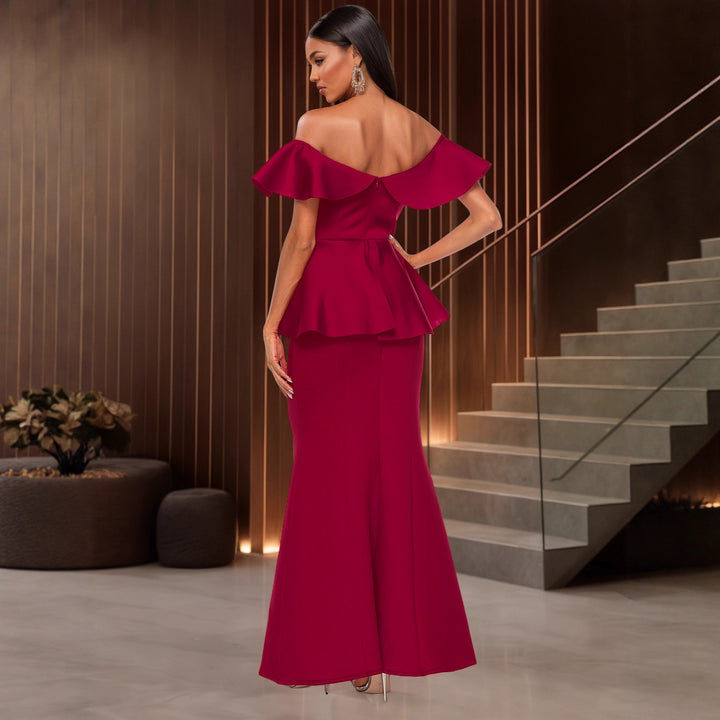 Damen Elegantes Abendkleid mit schulterfreien Rüschen Drune