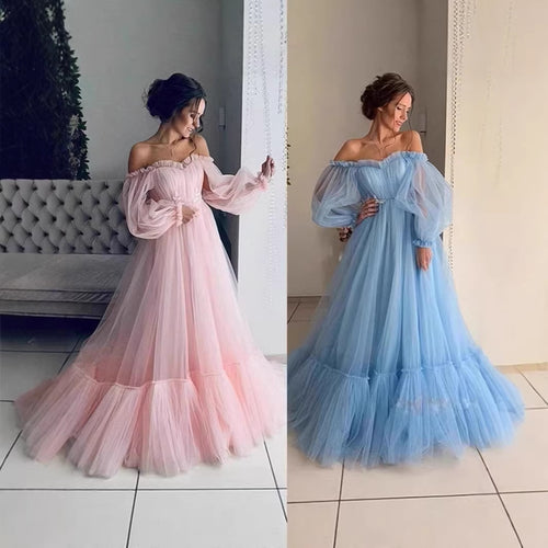 Damen Tüll Abendkleid mit schulterfreiem Design und voluminösen Ärmeln Drune