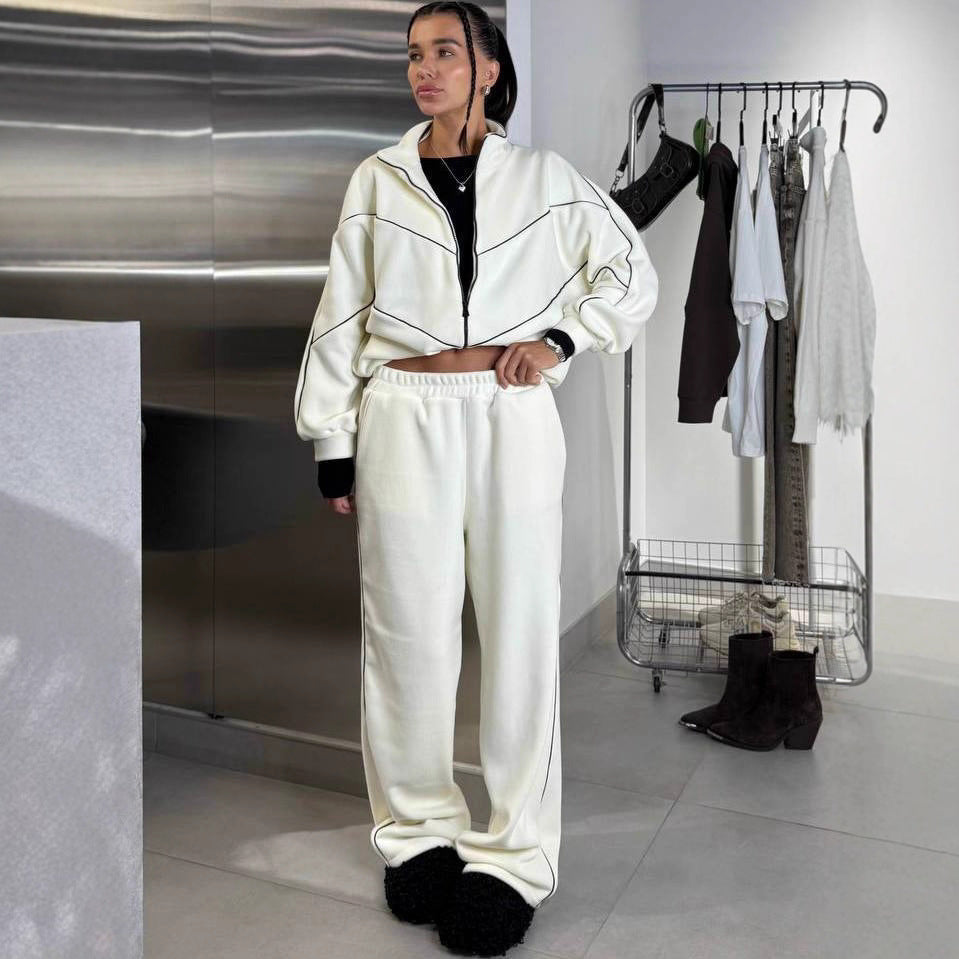 Damen elegantes Freizeit-Loungewear-Set mit langen Ärmeln und Reißverschluss Drune