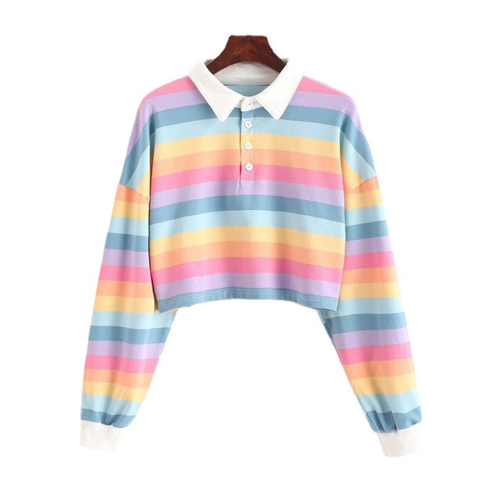Damen Kurzarm-Polo-Sweater mit bunten Streifen Drune