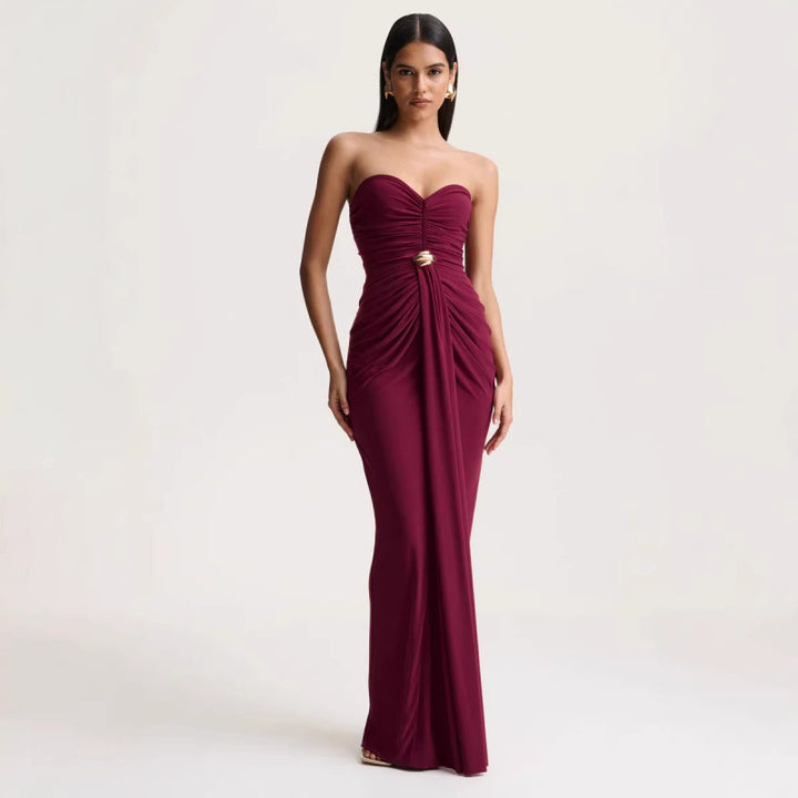 Damen Elegantes langes Abendkleid mit gerafftem Oberteil und goldener Schnalle Drune