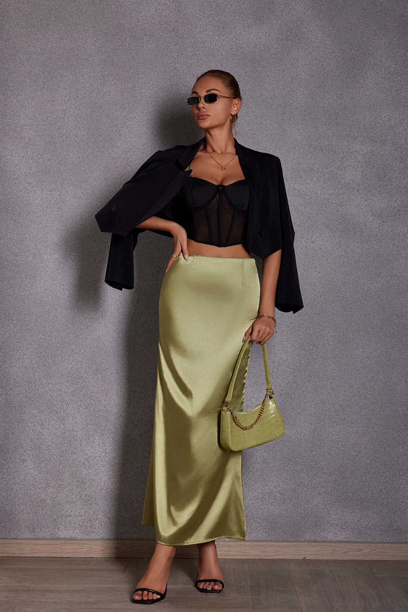 Damen Eleganter Maxirock aus glänzendem Satin mit hohem Schlitz Drune