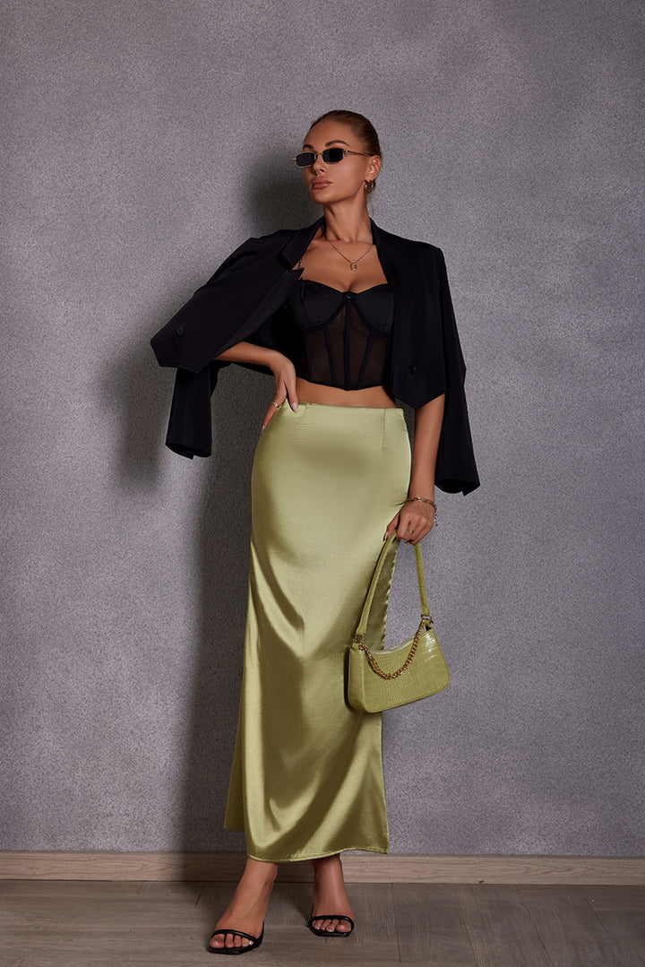 Damen Eleganter Maxirock aus glänzendem Satin mit hohem Schlitz Drune