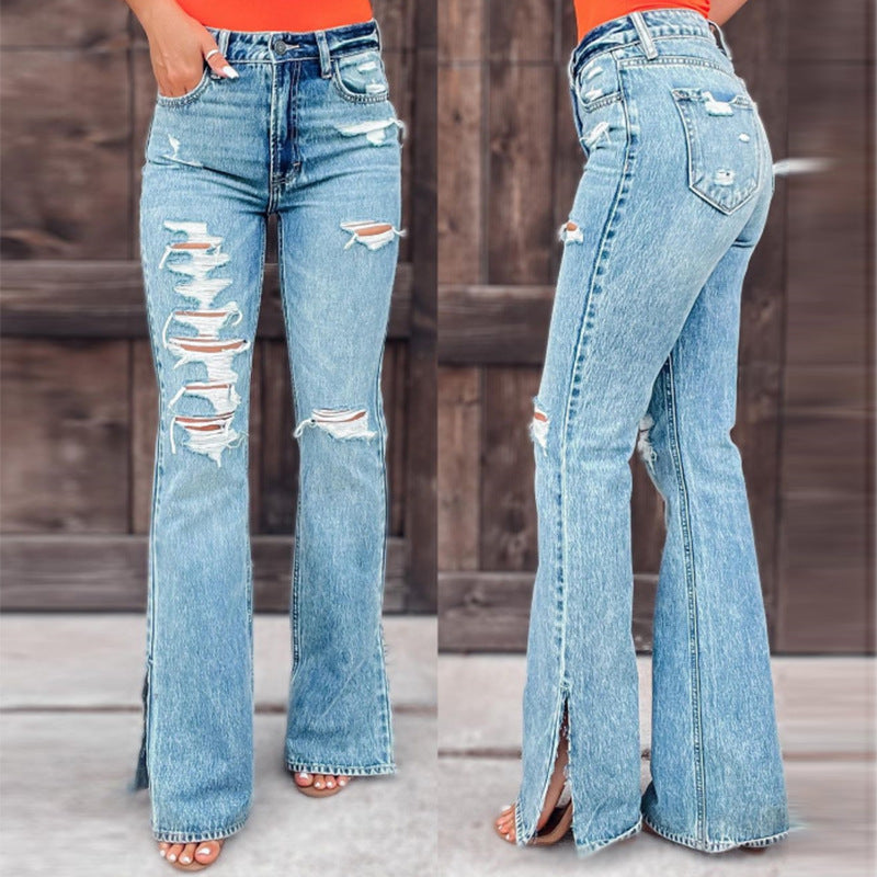 Damen High-Waist Flared Jeans mit Destroyed-Effekten und seitlichem Schlitz Drune