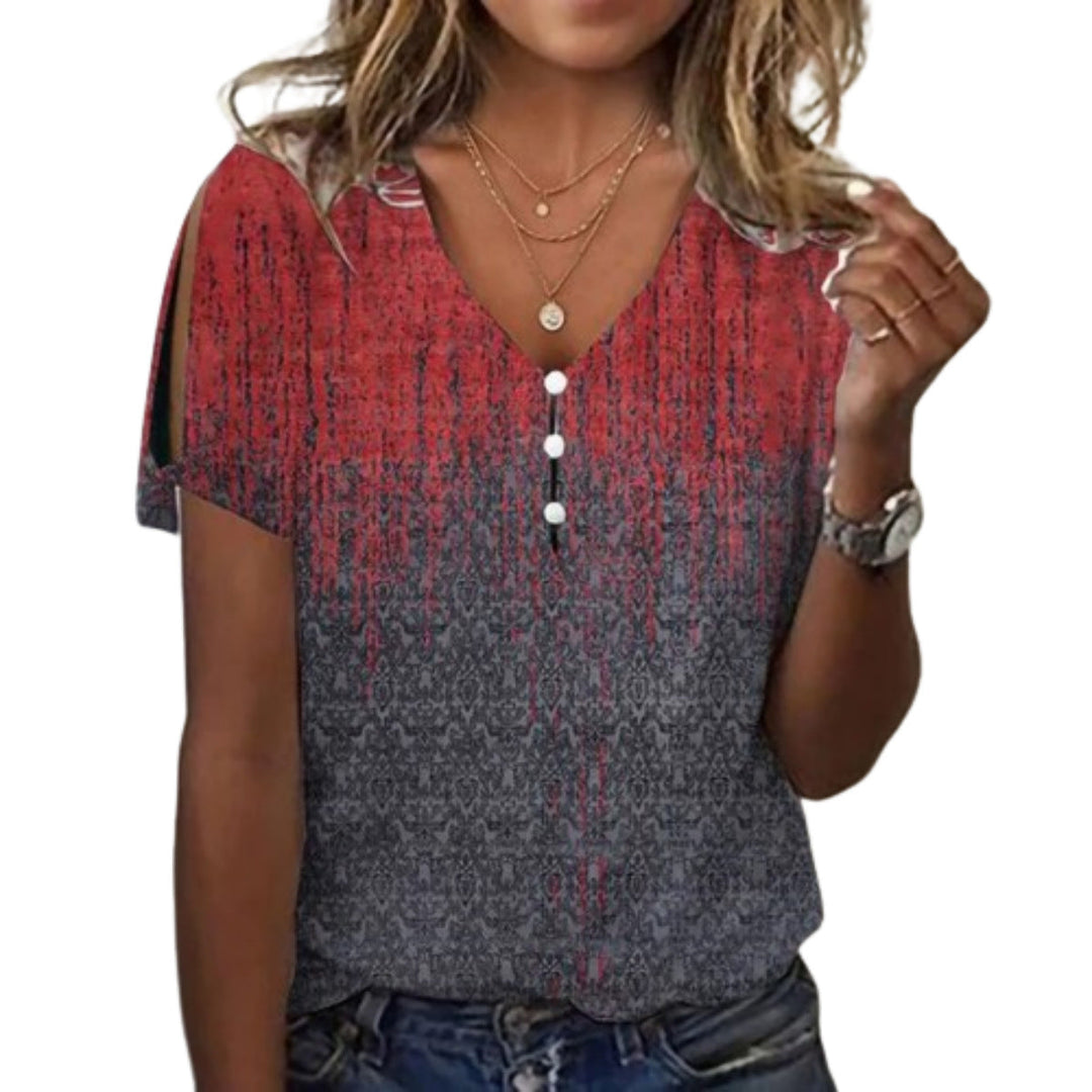 Damen Kurzarmbluse mit floralen Stickereien und Knopfdetails Drune