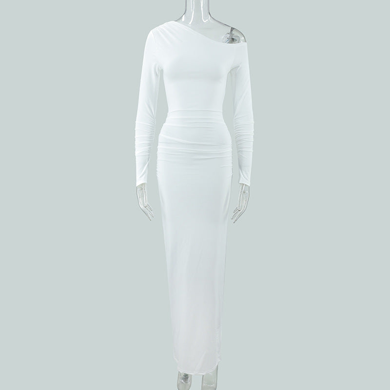 Damen elegantes One-Shoulder Maxikleid mit figurschmeichelnder Raffung Drune
