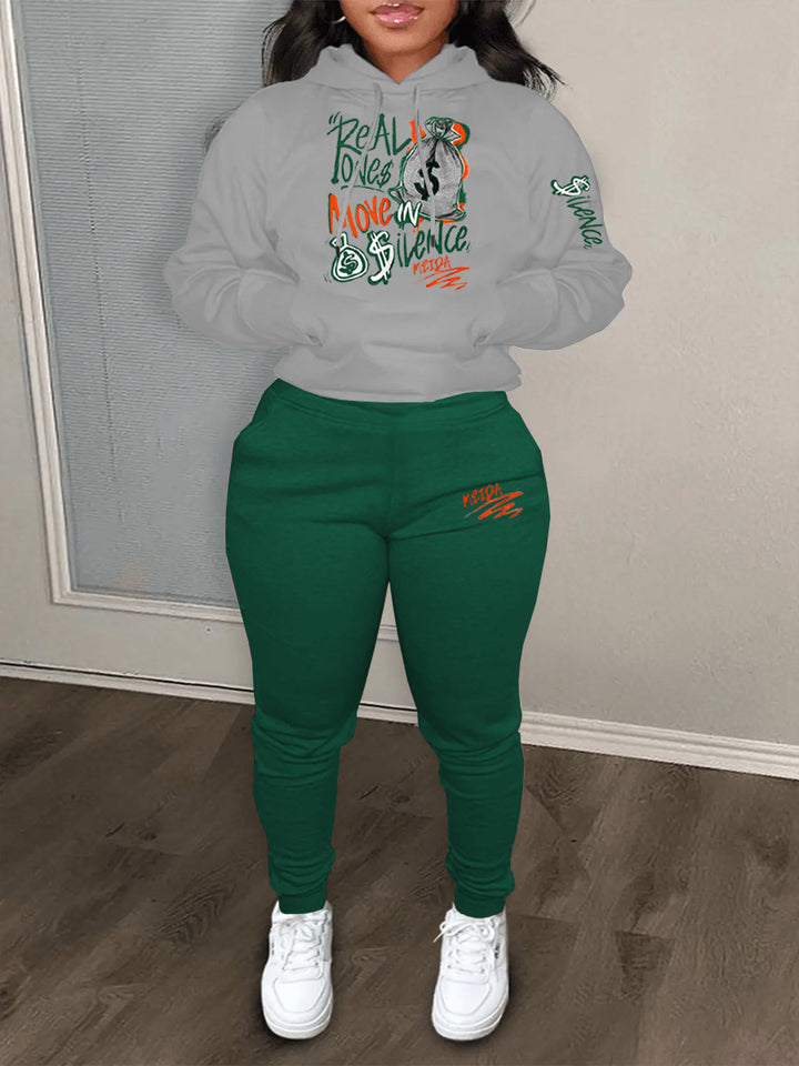 Damen Sportliches Hoodie und Jogginghose Set mit kreativem Grafikdruck Drune