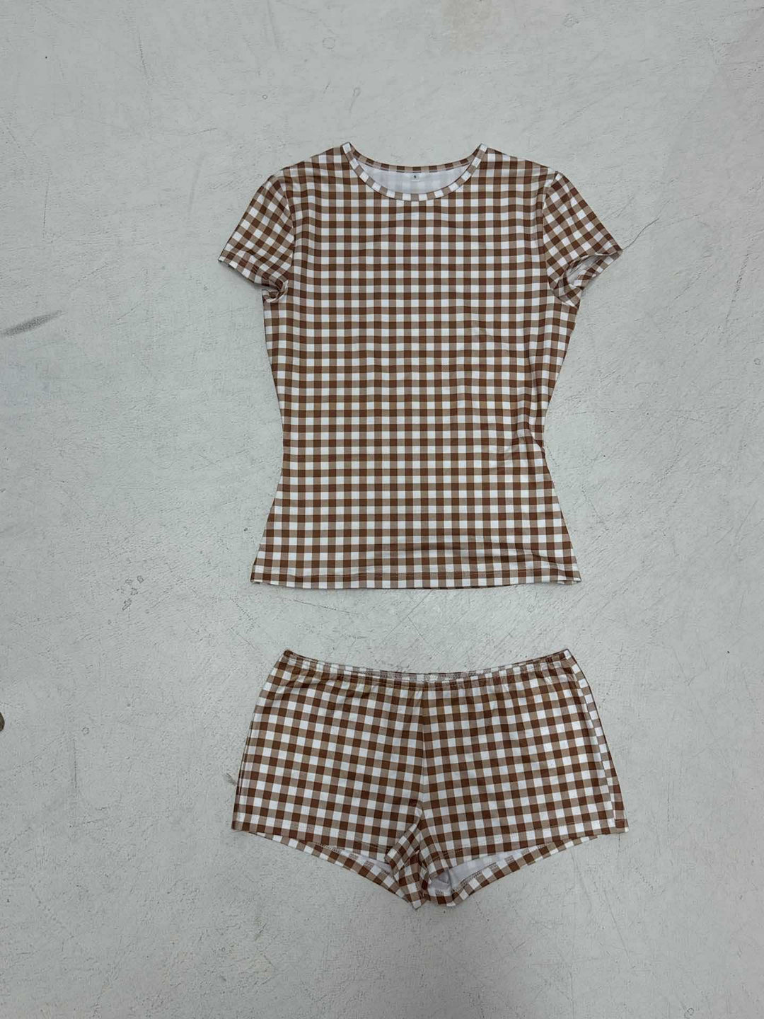 Damen Kurzarm-Oberteil und Shorts-Set im Karo-Design Drune
