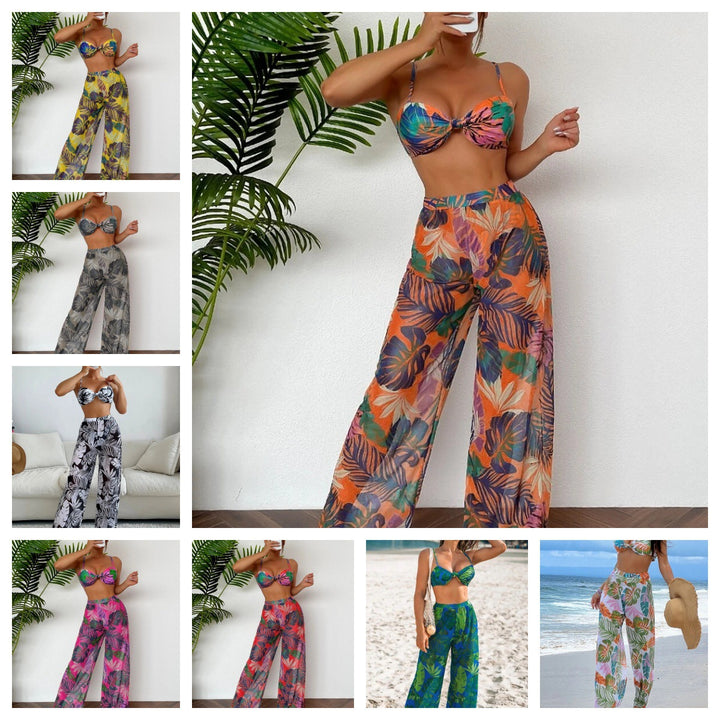 Damen Badeset mit floralem Design und lockeren Palazzohosen Drune