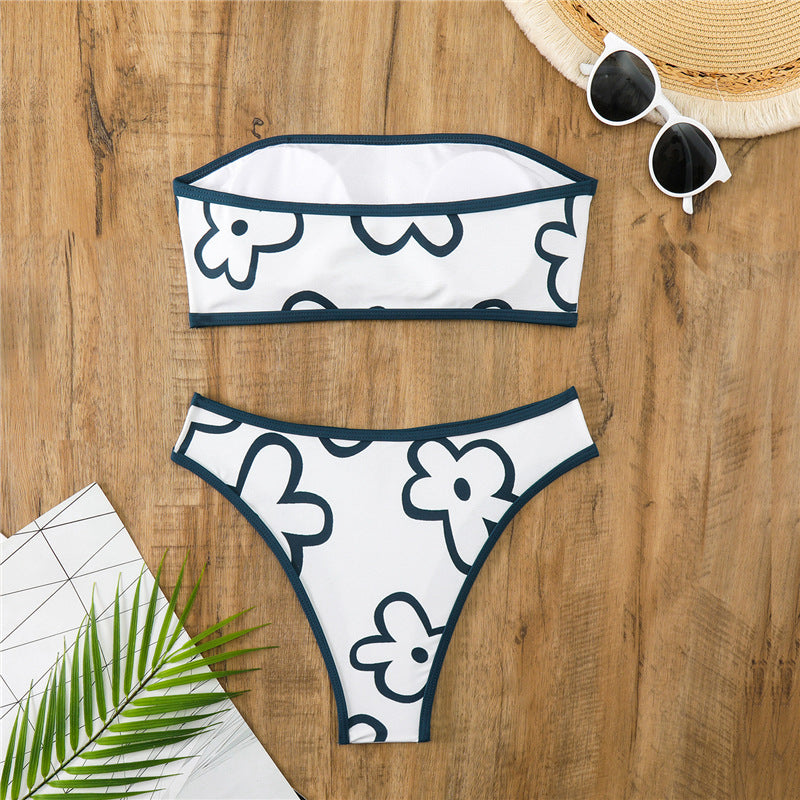 Damen Bandeau-Bikini mit floralem Muster und hohem Schnitt Drune