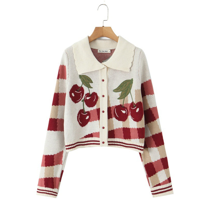 Damen cropped Strickjacke mit Kirschenmuster und durchgehendem Knopfverschluss Drune