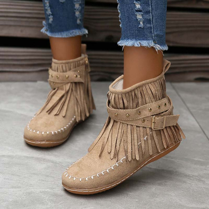 Drune | Boho Stiefelette Mit Fransen Und Schnallen Für Damen
