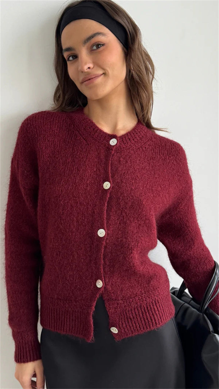 Damen kuschelige Strickjacke mit knöpfbarem Design und voluminösen Ärmeln Drune