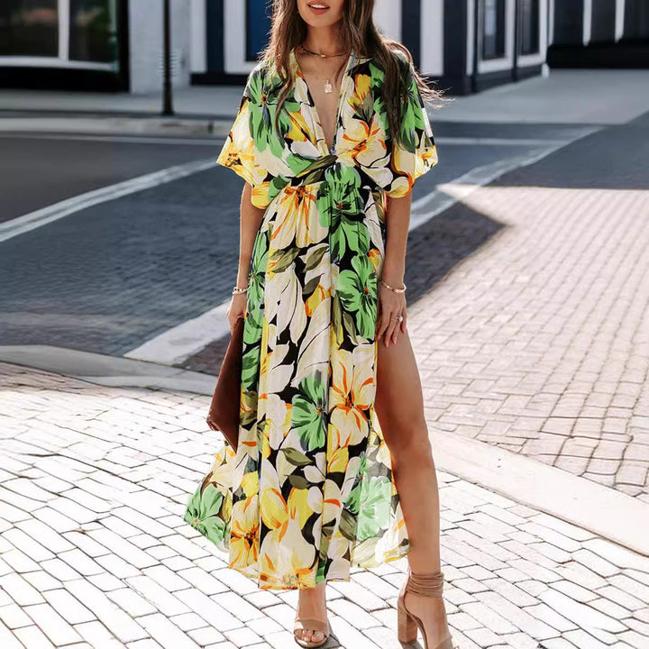 Damen Maxikleid mit floralem Wickeldesign und tiefem V-Ausschnitt Drune