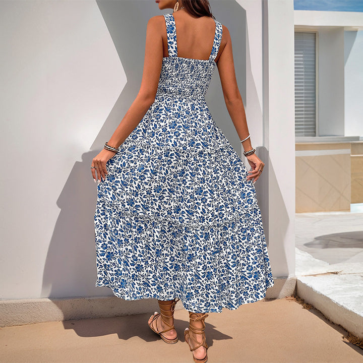 Damen Maxikleid mit floralem Muster und elastischem Taillengürtel Drune