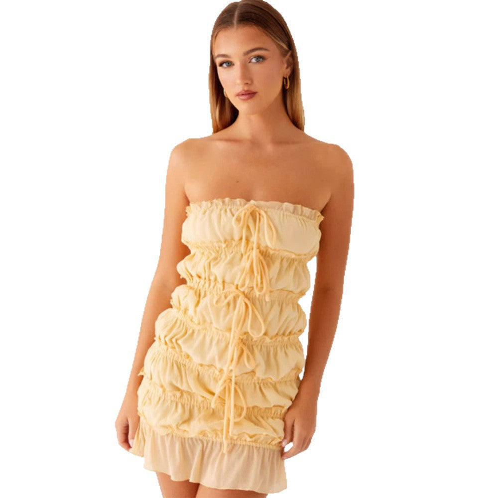 Damen Kurzkleid mit raffinierten Rüschen und verstellbarem Kordelzug Drune