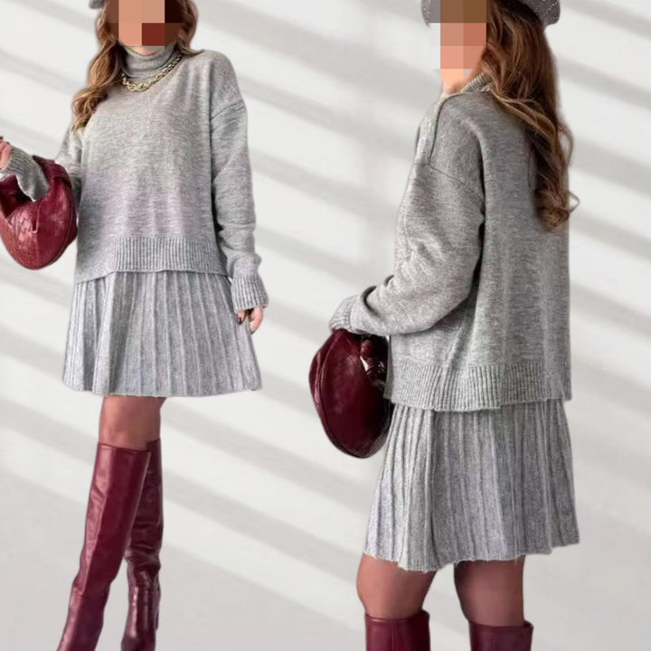 Damen Oversized Strickpullover mit hochwertiger Rippstruktur und passendem Minirock Drune