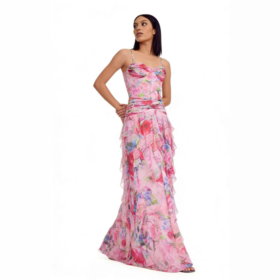Damen Maxikleid mit floralen Rüschen und trägerlosem Oberteil Drune