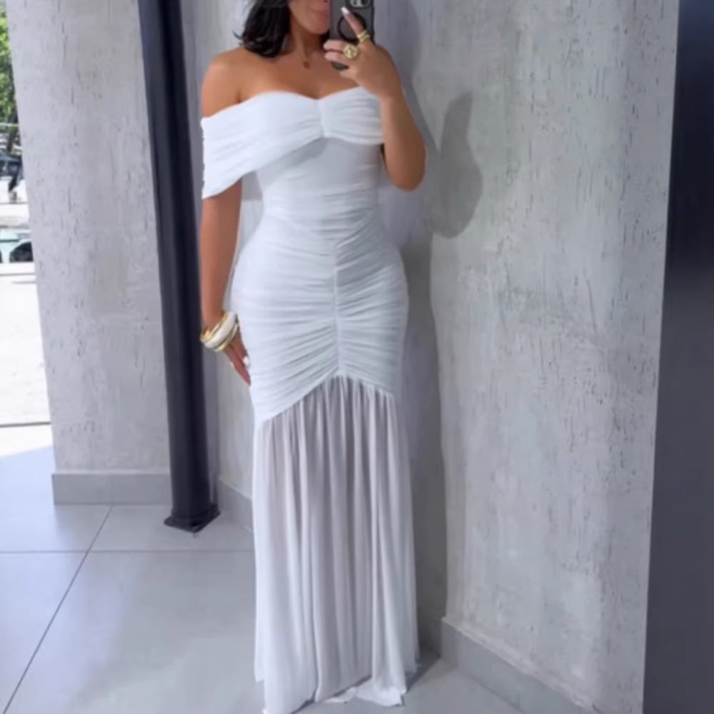 Damen Off-Shoulder Maxikleid mit elegantem Raffungseffekt Drune