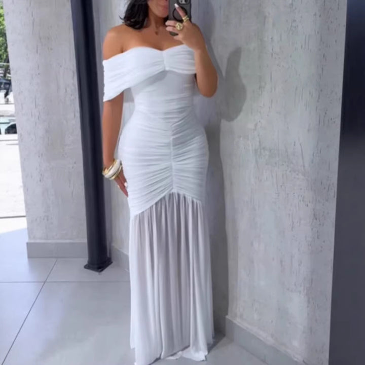 Damen Off-Shoulder Maxikleid mit elegantem Raffungseffekt Drune