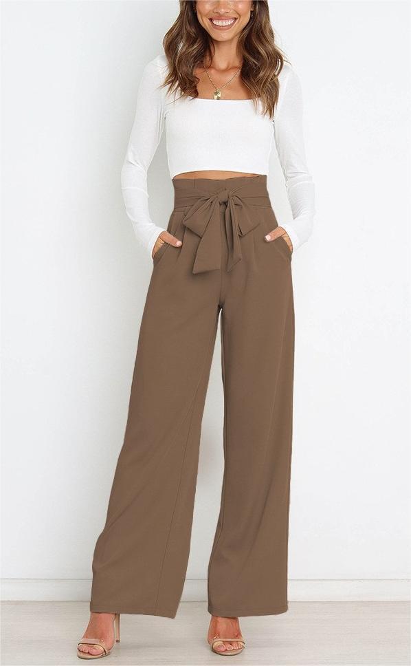 Damen Weit geschnittene High-Waist-Hose mit Binde-Gürtel und Taschen Drune